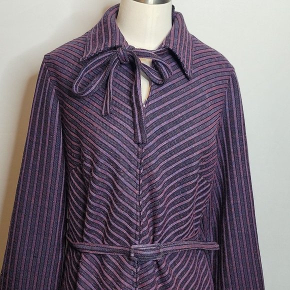 Vintage Shirt Dress Amy Adams Stripe Belted Tie Neck Collared Purple Black 60s - Picture 2 of 9